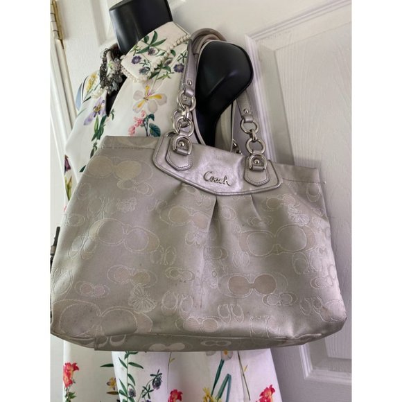 COACH Large Silver Jacquard Fabric Tote Bag - Picture 8 of 13
